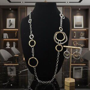 Premier Designs necklace and earrings set silver and gold tone chain and hoops
